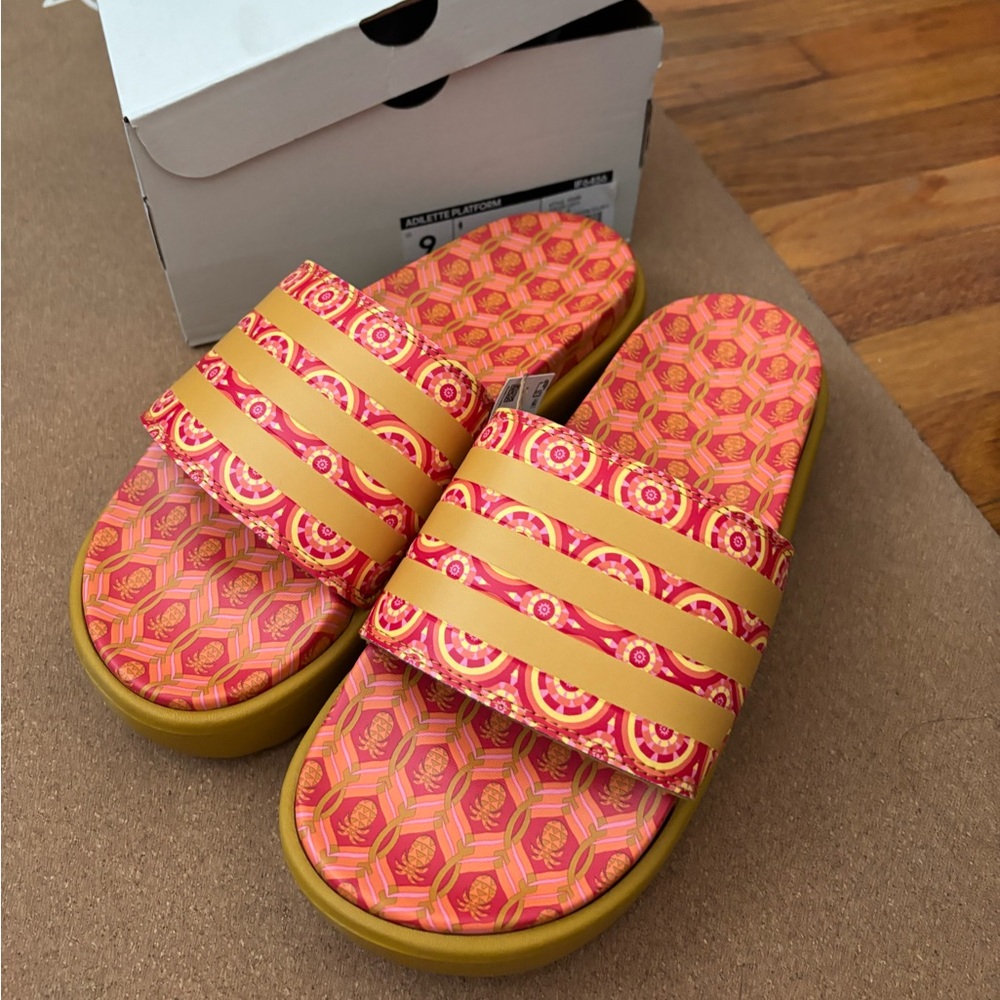 Adidas Pink and Yellow Patterned Slides